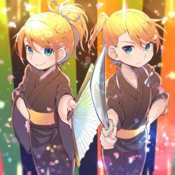 Rule 34 | 1boy, 1girl, alternate costume, alternate hairstyle, black kimono, blonde hair, blue eyes, breasts, brother and sister, commentary request, cowboy shot, frown, hair ribbon, hand fan, hand on own hip, highres, holding, holding fan, holding sword, holding weapon, japanese clothes, kagamine len, kagamine rin, katana, kimono, lens flare, light particles, light rays, looking at viewer, obi, petals, ponytail, reki (arequa), ribbon, sash, siblings, sidelocks, small breasts, smile, standing, striped, striped background, swept bangs, sword, twins, vocaloid, weapon, white ribbon, wide sleeves, yukata