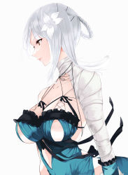 Rule 34 | 1girl, absurdres, areola slip, bandaged arm, bandaged neck, bandages, braid, breasts, closed mouth, flower, hair flower, hair ornament, highres, kaine (nier), large breasts, lips, looking to the side, nier, nier (series), risumi (taka-fallcherryblossom), silver hair, simple background, solo, upper body, white background, white flower