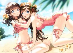 Rule 34 | 2girls, :o, all fours, ancotaku, artist name, ass, bare arms, bare shoulders, beach, bikini, blue eyes, blue sky, blurry, blurry foreground, blush, borrowed character, breasts, brown hair, cleavage, cloud, cloudy sky, collarbone, commentary request, crossover, day, depth of field, dutch angle, fang, female focus, flower, hair flower, hair ornament, head wreath, horizon, large breasts, leaf, long hair, looking at viewer, medium breasts, mole, mole under eye, multiple girls, navel, ocean, one-piece swimsuit, open mouth, original, outdoors, parted lips, pink bikini, pink one-piece swimsuit, polka dot, polka dot bikini, polka dot swimsuit, sand, shadow, short hair, side-tie bikini bottom, sidelocks, signature, sitting, skindentation, sky, stomach, sunlight, swimsuit, thigh strap, thighs, wariza, water, wavy hair, x hair ornament, yellow flower, yuri