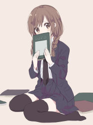 Rule 34 | 1girl, beamed quavers, black necktie, black skirt, blush, book, braid, brown eyes, brown hair, covering own mouth, crotchet, full body, grey background, hair over shoulder, holding, holding book, ica, long hair, long sleeves, looking at viewer, musical note, necktie, no shoes, original, pink background, pleated skirt, pocket, quaver, school uniform, shirt, simple background, sitting, skirt, solo, thighhighs, twin braids, wariza, white shirt, zettai ryouiki