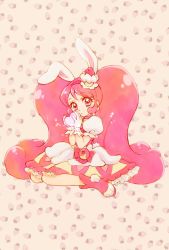 Rule 34 | 1girl, aizen (syoshiyuki), animal ears, boots, rabbit ears, cure whip, full body, gloves, heart, highres, holding, holding heart, kirakira precure a la mode, long hair, looking at viewer, magical girl, one-hour drawing challenge, pink eyes, pink footwear, pink hair, precure, sitting, solo, twintails, usami ichika, very long hair, white gloves