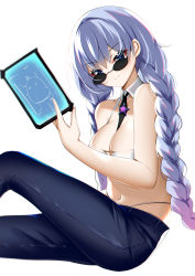 Rule 34 | 1girl, absurdres, arm behind back, avrora (azur lane), avrora (not cut out for this?) (azur lane), azur lane, bad id, bad pixiv id, bare shoulders, blue eyes, braid, breasts, catnnn, cleavage, closed mouth, collarbone, crop top, denim, feet out of frame, glasses, highres, holding, holding notepad, jeans, large breasts, light purple hair, long hair, looking at viewer, looking over eyewear, looking over glasses, navel, notepad, official alternate costume, pants, sitting, smile, solo, sunglasses, tank top, tinted eyewear, twin braids, white background, white tank top