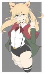 Rule 34 | 1girl, black thighhighs, blonde hair, breasts, burn the witch, cape, collared shirt, eyebrows, flat color, glasses, green eyes, grin, highres, ina (gokihoihoi), long hair, long sleeves, medium breasts, ninny spangcole, parted lips, pointing, pointing at self, red cape, round eyewear, shirt, single thighhigh, smile, solo, suspenders, swept bangs, teeth, thighhighs, twintails, unfinished, white shirt