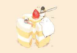 Rule 34 | 3others, artist name, bear, beige background, bird, cake, chai (drawingchisanne), commentary request, food, food focus, fruit, hat, highres, holding, holding knife, knife, looking at another, multiple others, no humans, original, penguin, scarf, sitting on food, sponge cake, strawberry, strawberry shortcake