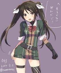 Rule 34 | 10s, 1girl, asymmetrical legwear, black hair, brown eyes, elbow gloves, gloves, hair between eyes, hair ribbon, jacket, kantai collection, long hair, natsuhiko, open mouth, ribbon, simple background, single elbow glove, single thighhigh, solo, text focus, thighhighs, tone (kancolle), twintails, twitter username, uneven legwear