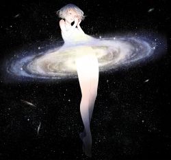 Rule 34 | 1girl, bare arms, bare legs, barefoot, dress, closed eyes, galaxy, giant, giantess, highres, huge giantess, original, personification, short hair, silver hair, sleeveless, sleeveless dress, solo, sousou (sousouworks), space, star (sky), star (symbol), white dress