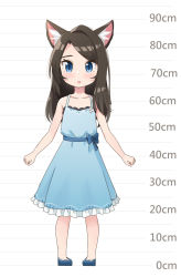 Rule 34 | 1girl, :d, absurdres, aina (mao lian), animal ear fluff, animal ears, bare arms, bare shoulders, blue bow, blue dress, blue eyes, blue footwear, bow, brown hair, cat ears, child, dot nose, dress, fang, hand up, height chart, highres, long hair, looking at viewer, mao lian (nekokao), open mouth, original, parted lips, smile, solo, sundress