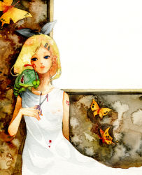 Rule 34 | bad id, bad pixiv id, blonde hair, blood, blue eyes, bug, butterfly, dress, hair ornament, hairclip, insect, kagamine rin, original, painting (medium), pinkxxxna, ribbon, scissors, short hair, sleeveless, solo, traditional media, vocaloid, watercolor (medium), window, worm
