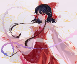 Rule 34 | 1girl, ascot, black hair, bow, commentary, cowboy shot, detached sleeves, frilled ascot, frilled bow, frilled hair tubes, frilled skirt, frills, from side, gohei, hair bow, hair tubes, hakurei reimu, highres, holding, light blush, long sleeves, looking at viewer, looking to the side, midriff, red bow, red eyes, red skirt, red vest, ribbon-trimmed sleeves, ribbon trim, short hair with long locks, sidelocks, skirt, skirt set, solo, touhou, vanink, vest, white sleeves, wide sleeves, wily beast and weakest creature, yellow ascot