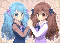 Rule 34 | 2girls, blue bow, blue dress, blue eyes, blue hair, blush, bow, breasts, brown eyes, brown hair, brown shirt, closed mouth, commentary request, dress, fingernails, hair between eyes, hair bow, hand on own hip, holding hands, looking at viewer, looking to the side, medium breasts, multiple girls, original, purple bow, purple dress, shirt, sleeveless, sleeveless dress, small breasts, suzune rai, two side up, upper body, white shirt