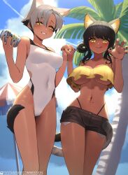 2girls :q animal_ear_fluff animal_ears artist_name beach_umbrella bikini black_hair black_nails blush borrowed_character breasts brown_shorts can cat_ears cat_girl cat_tail claw_pose clothes_writing cloud colored_inner_hair competition_swimsuit contrail covered_navel dark-skinned_female dark_skin day diamond-shaped_pupils diamond_(shape) earrings exposed_pocket freckles grey_hair grin hair_between_eyes hair_rings highleg highleg_bikini highleg_one-piece_swimsuit highres holding holding_can holding_hands jewelry kara_(vertigris) large_breasts long_hair looking_at_viewer medium_breasts misha_(m&#039;ishara) mole mole_on_stomach multicolored_hair multiple_girls narrow_waist navel one-piece_swimsuit original outdoors palm_tree revealing_clothes short_hair shorts slit_pupils smile stomach strap_gap stud_earrings swimsuit symbol-shaped_pupils tail tail_wrap tongue tongue_out tostantan tree umbrella underboob white_one-piece_swimsuit yellow_bikini yellow_eyes