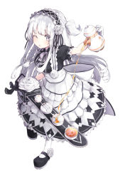 Rule 34 | 1girl, arm up, black footwear, bow, bowtie, braid, chainsaw, commentary request, cup, dress, flower, frilled dress, frilled sleeves, frills, full body, gloves, grey eyes, hair flower, hair ornament, hairband, highres, holding, holding weapon, lolita fashion, lolita hairband, long hair, looking at viewer, maid, mary janes, one eye closed, one side up, open mouth, original, paryi, plate, pouring, rose, footwear flower, shoes, short sleeves, simple background, solo, spoon, standing, tea, teacup, teapot, very long hair, virtual youtuber, weapon, white background, white flower, white gloves, white hair, white legwear, white rose