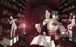 Rule 34 | 1boy, black hair, black sclera, blood, blood from mouth, book, bookshelf, bug, bust (sculpture), butterfly, candle, collarbone, colored sclera, doll, hugging doll, earrings, grey eyes, grin, highres, indoors, insect, instrument, jewelry, kazuma kaneko (style), lipstick, long hair, makeup, music, necklace, hugging object, original, parody, playing instrument, quill, red eyes, ring, topless male, single earring, skull, skull ring, smile, snake, solid eyes, style parody, user rukn3744, vial, violin
