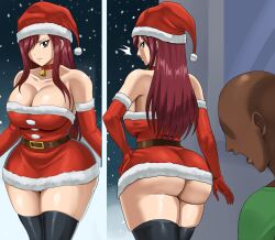 Rule 34 | 1boy, 1girl, ass, bald, black thighhighs, breasts, christmas, clothes, dark-skinned male, dark skin, elbow gloves, erza scarlet, fairy tail, gloves, hair over one eye, highres, huge ass, huge breasts, interracial, long hair, looking at viewer, looking back, open mouth, pinkpawg, red hair, surprised, thighhighs