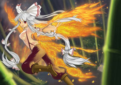 Rule 34 | 1girl, baggy pants, bamboo, blurry, boots, brown footwear, burnt clothes, depth of field, fire, fire, fujiwara no mokou, hair ribbon, highres, long hair, open mouth, outstretched hand, pants, phoenix wings, ponytail, qkaqlenfrl, red eyes, ribbon, running, silver hair, tail, touhou, tress ribbon, very long hair, wings