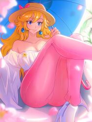 Rule 34 | 1girl, absurdres, adapted costume, ass, bare shoulders, blonde hair, blue eyes, blush, breasts, brown hat, cherry blossoms, cleavage, collarbone, earrings, falling petals, hat, high heels, highres, jewelry, large breasts, lips, long hair, long sleeves, looking at viewer, mario (series), nintendo, opalis, pants, parasol, petals, pink pants, princess peach, shirt, shoes, sitting, smile, solo, sphere earrings, star (symbol), super mario bros. 1, super star (mario), umbrella, white footwear, white shirt
