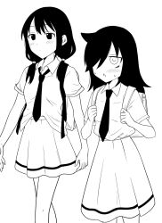 2girls backpack bag bags_under_eyes blush chestnut_mouth closed_mouth collared_shirt commentary from_side greyscale hair_between_eyes hair_over_one_eye highres hikaru_(ofuton_at5) holding_strap kuroki_tomoko long_hair long_skirt low_twintails miniskirt monochrome multiple_girls necktie one_eye_covered open_mouth pleated_skirt school_bag school_uniform shirt shirt_partially_tucked_in shirt_tucked_in short_sleeves simple_background skirt standing sweatdrop tamura_yuri twintails watashi_ga_motenai_no_wa_dou_kangaetemo_omaera_ga_warui! white_background