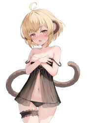 Rule 34 | 1girl, andira (granblue fantasy), animal ears, black panties, blonde hair, granblue fantasy, highres, kimblee, lingerie, monkey ears, monkey girl, monkey tail, open mouth, panties, red eyes, short hair, simple background, solo, tail, thighs, underwear, white background