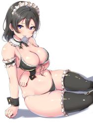 Rule 34 | 10s, 1girl, absurdres, alternate costume, arm under breasts, armband, bikini, black bikini, black hair, black thighhighs, blush, breast hold, breasts, cleavage, condom, condom in mouth, condom wrapper, enmaided, frilled bikini, frilled swimsuit, frilled thighhighs, frills, front-tie bikini top, front-tie top, furrowed brow, hair between eyes, halterneck, highres, large breasts, looking at viewer, love live!, love live! sunshine!!, love live! sunshine!! the school idol movie over the rainbow, maid, maid bikini, maid headdress, mouth hold, narrow waist, navel, neck ribbon, parted hair, purple eyes, ribbon, seductive smile, shinonon (iso shino), short hair, simple background, sitting, skindentation, sleeve garter, smile, solo, string bikini, swimsuit, thick thighs, thighhighs, thighs, unconventional maid, watanabe tsuki, white background, wide hips, wrist cuffs