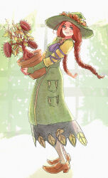 Rule 34 | 1girl, absurdres, animification, braid, carnivorous plant, dress, flower, flower pot, full body, green dress, green eyes, green hat, harry potter (series), hat, hat flower, highres, hogwarts legacy, holding, holding flower pot, long hair, long sleeves, low twin braids, mirabel garlick, plant, potted plant, ryosharke, smile, solo, standing, twin braids, witch hat, wizarding world