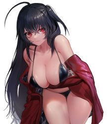 Rule 34 | 1girl, absurdres, ahoge, arm under breasts, azur lane, bare shoulders, bikini, black bikini, black hair, blush, breasts, cleavage, closed mouth, commentary request, cowboy shot, crossed bangs, gg amang, hair between eyes, highres, jacket, large breasts, leaning forward, long hair, long sleeves, looking at viewer, off shoulder, official alternate costume, one side up, open clothes, open jacket, red eyes, red jacket, simple background, solo, standing, string bikini, swimsuit, taihou (azur lane), taihou (enraptured companion) (azur lane), very long hair, white background