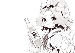 Rule 34 | 1girl, :3, animal ear fluff, animal ears, bottle, commentary, diona (genshin impact), discoshoujo, english commentary, genshin impact, greyscale, hat, holding, holding bottle, looking at viewer, monochrome, short eyebrows, short hair, smile, solo, tail, white background