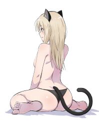 Rule 34 | 1girl, absurdres, back, black panties, black tail, blonde hair, breasts, cat tail, closed mouth, emu 1316, from behind, full body, green eyes, heinrike prinzessin zu sayn-wittgenstein, highres, medium breasts, medium hair, no bra, noble witches, panties, simple background, sitting, solo, tail, underwear, wariza, white background, world witches series