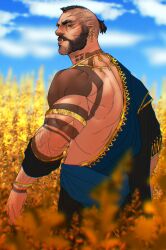 Rule 34 | 1boy, arm hair, armlet, back muscles, bara, black hair, bracelet, earrings, from behind, hadanugi dousa, hand hair, high ponytail, jewelry, light smile, looking at viewer, looking back, male focus, mature male, mohawk, monster boy, movd art, muscular, muscular male, mutton chops, neckbeard, necklace, open kimono, orc, original, pointy ears, profile, revision, short hair, shoulder tattoo, single bare shoulder, solo, tattoo, thick eyebrows, tusks, undercut