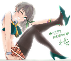 Rule 34 | 1girl, backlighting, black pantyhose, bracelet, commentary request, earrings, four-leaf clover earrings, full body, green eyes, green nails, grin, hair ribbon, happy birthday, high heels, hinamizawa kurumi, holding own foot, hori shin, jewelry, looking at viewer, mole, mole under mouth, nail polish, pantyhose, plaid, plaid skirt, ponytail, pygmalion. (group), ribbon, sailor collar, simple background, sitting, skirt, smile, solo, virtual youtuber, white background