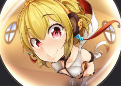 Rule 34 | 1girl, aki (akikaze asparagus), andira (granblue fantasy), animal ears, blonde hair, closed mouth, collarbone, commentary request, covered erect nipples, detached sleeves, fisheye, granblue fantasy, indoors, leaning forward, looking at viewer, monkey ears, red eyes, smile, solo, standing, thighhighs