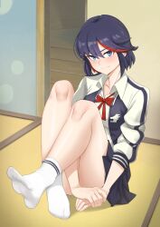 Rule 34 | 1girl, absurdres, bare legs, black skirt, blue eyes, blue hair, blue jacket, blush, bow, bowtie, breasts, closed mouth, collarbone, commission, convenient arm, crossed legs, eyelashes, feet, full body, ghhoward, hair between eyes, highres, indoors, jacket, kill la kill, knees up, legs, looking at viewer, matoi ryuuko, medium breasts, medium hair, multicolored clothes, multicolored hair, multicolored jacket, neckerchief, no shoes, on ground, open clothes, open jacket, paid reward available, parted bangs, pleated skirt, red bow, red bowtie, red hair, red neckerchief, ribbed socks, sailor collar, school uniform, shiny skin, sitting, skirt, socks, soles, solo, streaked hair, thighs, toes, two-tone jacket, unzipped, white jacket, white socks
