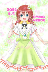 Rule 34 | 1girl, apron, aqua eyes, artist name, artist request, back bow, black bow, black bowtie, blue eyes, blush, bow, bowtie, braid, breasts, brooch, brown hair, buttons, collared dress, dress, drill hair, emma verde, female focus, flower, freckles, frilled dress, frills, green apron, green bow, hair between eyes, hair flower, hair ornament, hat, hat on back, heart, highres, jewelry, la bella patria, long hair, looking at viewer, love live!, love live! nijigasaki high school idol club, love live! school idol festival, low twintails, parted lips, plaid, plaid dress, pointing, pointing at viewer, red hair, rirakkumahiroko, rirakkumakaito, sash, shirt, short hair, short sleeves, skirt, small breasts, smile, solo, sun hat, tareme, twin braids, twin drills, twintails, two-tone dress, white dress, white flower, white skirt, wide sleeves