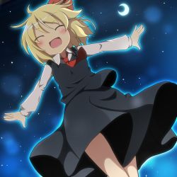 Rule 34 | 1girl, blonde hair, blush, crescent moon, do (4-rt), closed eyes, hair ribbon, highres, moon, night, night sky, open mouth, outstretched arms, ribbon, rumia, short hair, skirt, sky, smile, solo, touhou