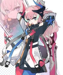 Rule 34 | 1girl, :o, absurdres, asymmetrical legwear, blue eyes, blue thighhighs, closed mouth, dress, highres, holding, holding sword, holding weapon, honkai (series), honkai impact 3rd, horns, long hair, long sleeves, looking at viewer, mismatched legwear, open mouth, pink hair, pink thighhighs, retri, rozaliya olenyeva, rozaliya olenyeva (fervent tempo), solo, sword, thighhighs, weapon, white background, white dress