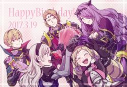Rule 34 | 2boys, 3girls, ^ ^, armor, blonde hair, bouquet, bow, brother and sister, brothers, camilla (fire emblem), cape, closed eyes, corrin (female) (fire emblem), corrin (fire emblem), crown, drill hair, earrings, elise (fire emblem), fire emblem, fire emblem fates, flower, gloves, hair ornament, hair over one eye, happy birthday, hiyori (rindou66), jewelry, leo (fire emblem), long hair, marx (kirby), multiple boys, multiple girls, nintendo, open mouth, pink bow, pointy ears, purple hair, siblings, silver hair, sisters, smile, sparkle, tiara, twin drills, xander (fire emblem)
