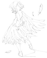 Rule 34 | 1girl, braid, doroame (ameyu), dress, feathered wings, feathers, full body, greyscale, highres, jacket, kishin sagume, lineart, long sleeves, monochrome, shoes, short hair, simple background, single wing, sketch, solo, touhou, white background, wings