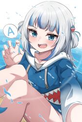 Rule 34 | 1girl, a (phrase), absurdres, animal costume, blue eyes, blue hair, blue hoodie, blunt bangs, blush, breasts, fins, fish tail, gawr gura, gawr gura (1st costume), grey hair, hair ornament, hashira 14, highres, hololive, hololive english, hood, hoodie, medium hair, multicolored hair, open mouth, shark costume, shark girl, shark hair ornament, shark tail, sharp teeth, small breasts, smile, solo, streaked hair, tail, teeth, two side up, virtual youtuber