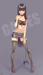 Rule 34 | 1girl, belt, black hair, black thighhighs, blunt bangs, breasts, cleavage, controller, crop top, earrings, finger to mouth, game console, game controller, jewelry, karanak, long hair, mary janes, midriff, navel, off shoulder, original, red eyes, shoes, short shorts, shorts, skindentation, small breasts, solo, thighhighs, very long hair, xbox, xbox 360