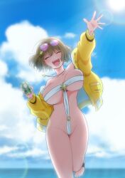 Rule 34 | 1girl, ahoge, anis (nikke), anis (sparkling summer) (nikke), bare shoulders, beach, bikini, blue sky, breasts, brown hair, can, cleavage, collarbone, day, drink can, eyewear on head, goddess of victory: nikke, hair ornament, hand up, highres, holding, holding can, jacket, jewelry, large breasts, long sleeves, navel, necklace, niki (nikism1987), off shoulder, open clothes, open jacket, parted lips, reaching, reaching towards viewer, short hair, sky, smile, soda can, solo, sunglasses, swimsuit, teeth, thighs, underboob, upper teeth only, water, waving, wet, white bikini, yellow jacket