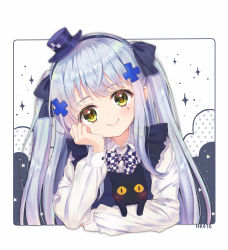 Rule 34 | 1girl, animal, apron, arm support, bad id, bad pixiv id, black apron, black bow, black cat, black hairband, blouse, blue hair, blush, bow, cat, character name, checkered bow, checkered clothes, closed mouth, commentary, foreign blue, girls&#039; frontline, green eyes, hair bow, hair ornament, hairband, hat, head in hand, head rest, head tilt, highres, hk416 (black kitty&#039;s gift) (girls&#039; frontline), hk416 (girls&#039; frontline), long hair, long sleeves, mini hat, official alternate costume, polka dot, purple headwear, shirt, slit pupils, smile, solo, sparkle, two side up, white background, white shirt, yellow eyes