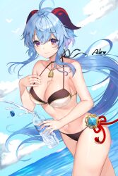 Rule 34 | 1girl, ahoge, aile (crossroads), bare arms, bare shoulders, bikini, black bikini, blue hair, blue sky, bottle, breasts, brown eyes, cleavage, closed mouth, cloud, collarbone, commentary request, day, ganyu (genshin impact), genshin impact, hair between eyes, highres, holding, holding bottle, horizon, horns, long hair, medium breasts, navel, ocean, outdoors, sky, smile, solo, standing, swimsuit, very long hair, vision (genshin impact), water, water bottle
