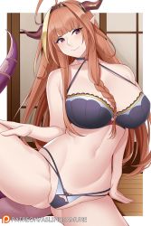 Rule 34 | 1girl, aslindsamure, breasts, brown hair, dragon girl, dragon tail, highres, hololive, horns, kiryu coco, large breasts, lingerie, long hair, orange hair, pointy ears, red eyes, smile, solo, tail, underwear, virtual youtuber