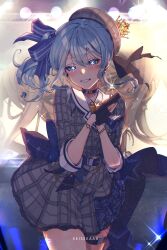 Rule 34 | 1girl, absurdres, belt, beret, blue belt, blue eyes, blue hair, brooch, choker, crown, dress, floating hair, gloves, grin, hands up, hat, highres, hololive, hoshimachi suisei, jewelry, keisea, looking at viewer, mini crown, own hands together, partially fingerless gloves, plaid, plaid dress, plaid headwear, side ponytail, smile, solo, stage lights, star-shaped pupils, star (symbol), star bracelet, star in eye, symbol-shaped pupils, symbol in eye, teeth, thigh strap, virtual youtuber, wavy hair