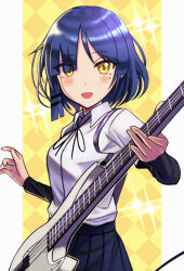 Rule 34 | 1girl, :d, absurdres, bass guitar, blue hair, blush, bocchi the rock!, collared shirt, hair ornament, highres, holding, holding instrument, instrument, long sleeves, looking at viewer, medium hair, mole, mole under eye, neck ribbon, open mouth, ribbon, shirt, silverchariotx, skirt, smile, solo, white shirt, yamada ryo, yellow eyes