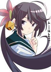 Rule 34 | 1girl, ahoge, akebono (kancolle), bell, blue sailor collar, commentary request, cropped torso, flower, grey eyes, grey hair, hair bell, hair flower, hair ornament, index finger raised, jingle bell, kantai collection, long hair, looking at viewer, sailor collar, sanninme no haru, school uniform, serafuku, short sleeves, side ponytail, simple background, solo, translation request, upper body, very long hair, white background