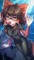 Rule 34 | 1girl, absurdres, air bubble, bikini, black wetsuit, bodysuit, bow, breasts, brown eyes, brown hair, bubble, covered navel, diving regulator, diving suit, frilled bikini, frills, goggles, hakurei reimu, highres, medium hair, red bow, scuba, scuba tank, sidelocks, small breasts, solo, swimsuit, touhou, underwater, wetsuit, yosshy