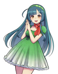 Rule 34 | 1girl, ahoge, alternate costume, blue hair, blunt bangs, blush, bow, breasts, choker, cleavage, cowboy shot, dress, green dress, green hairband, hairband, hands up, highres, hime cut, kimutomo 2, large breasts, long hair, looking at viewer, own hands together, palms together, puffy short sleeves, puffy sleeves, red bow, red ribbon, ribbon, ribbon choker, short sleeves, sidelocks, simple background, smile, solo, standing, touhoku zunko, underbust, voiceroid, white background, yellow eyes