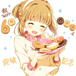 Rule 34 | 1girl, ^ ^, blunt bangs, blush, braid, brown hair, closed eyes, doughnut, food, hairband, holding, holding plate, lowres, milestone celebration, open mouth, plate, short hair, sidelocks, smile, solo, tokyo 7th sisters, tsunomori rona, zpolice
