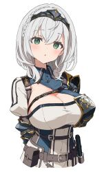 Rule 34 | 1girl, :o, armor, arms behind back, belt, belt pouch, blue collar, braid, breasts, chest belt, chest guard, cleavage, collar, green eyes, grey belt, h (eitilog), headgear, highres, hololive, large breasts, leather belt, long sleeves, looking at viewer, medium hair, mole, mole on breast, pauldrons, pouch, puffy long sleeves, puffy sleeves, shirogane noel, shirogane noel (1st costume), shoulder armor, simple background, single pauldron, solo, virtual youtuber, white background, white hair
