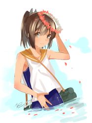 Rule 34 | 10s, 1girl, bad id, bad pixiv id, blush, brown eyes, brown hair, dripping, dutch angle, i-401 (kancolle), kantai collection, looking at viewer, one-piece swimsuit, partially submerged, personification, petals, ponytail, saikawa yusa, sailor collar, school swimsuit, short hair, short ponytail, signature, smile, solo, swimsuit, swimsuit under clothes, wading, water, wet, wreath